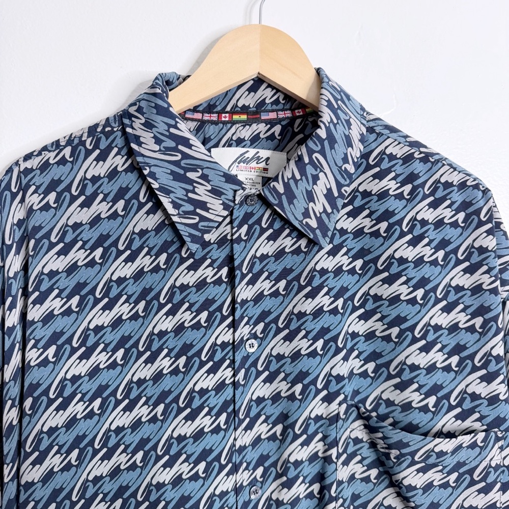 Fubu Men’s All Over Print Navy Long Sleeve Button Up Shirt‎ XXL Preppy Casual